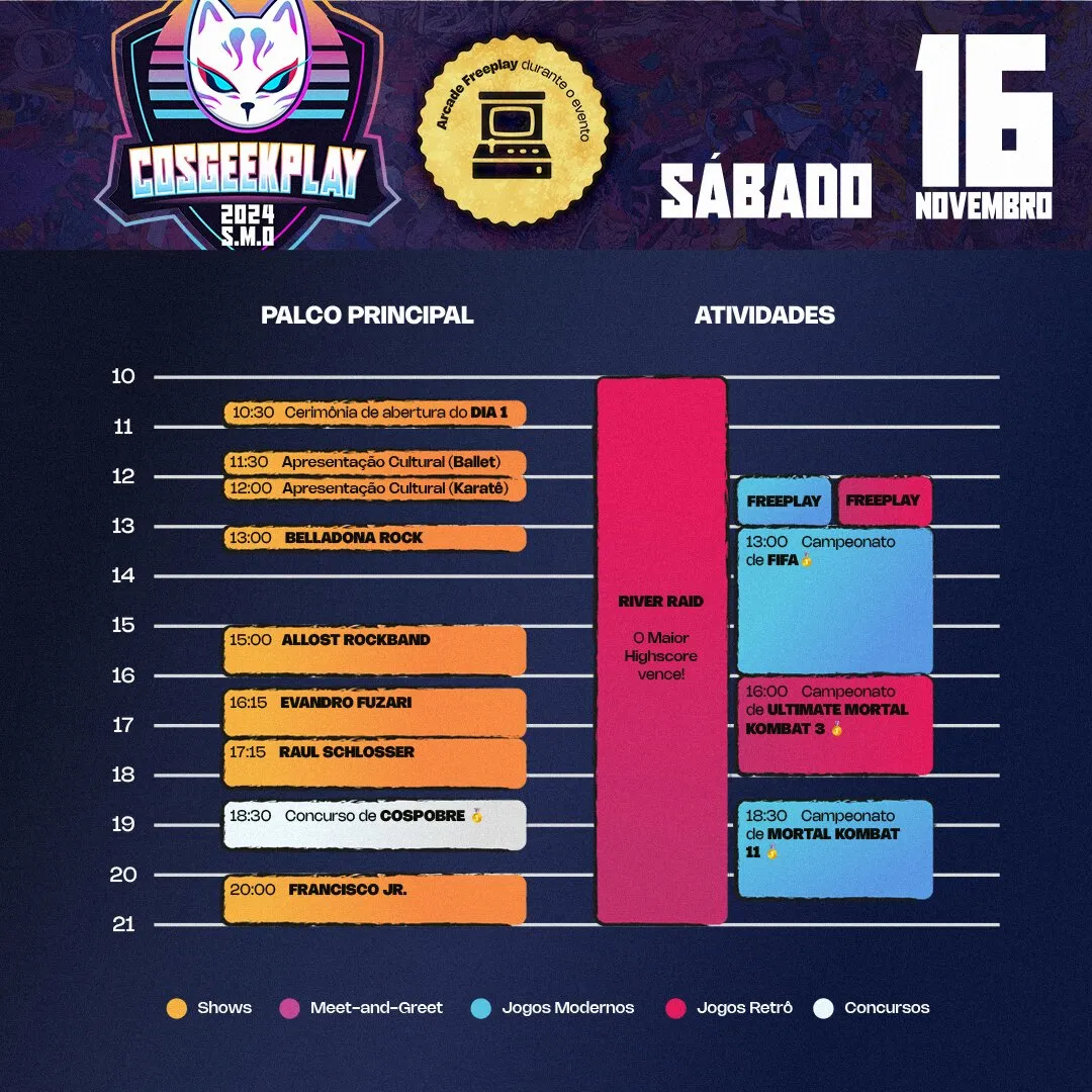 Cronograma de sábado, 16 de novembro