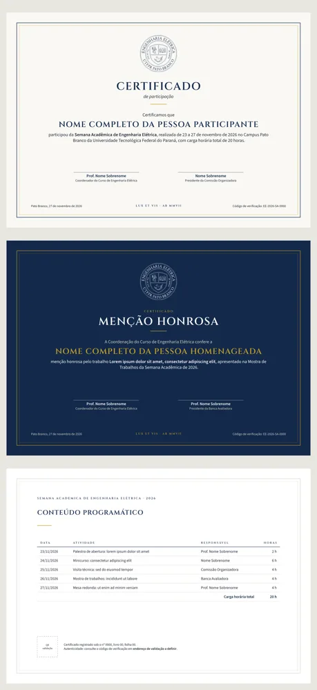 Três certificados do curso